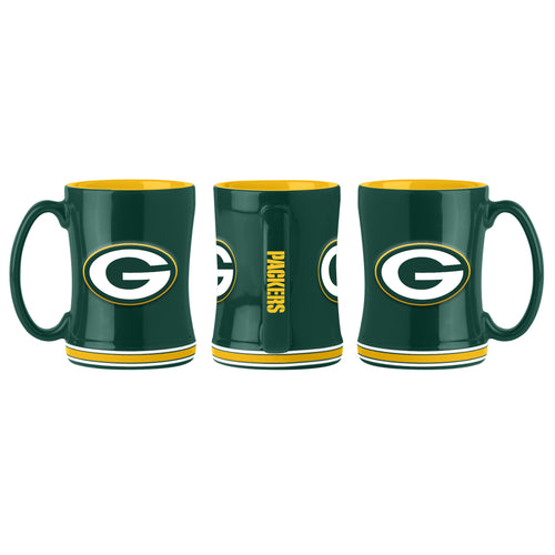 Green Bay Packers 14oz relief mug featuring team logo and green design, perfect for fans of sports drinkware.