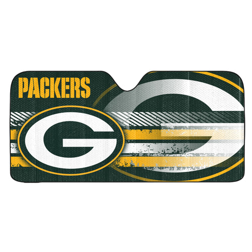 Green Bay Packers NFL auto shade with team logo and green background, designed to block sunlight from car windows.