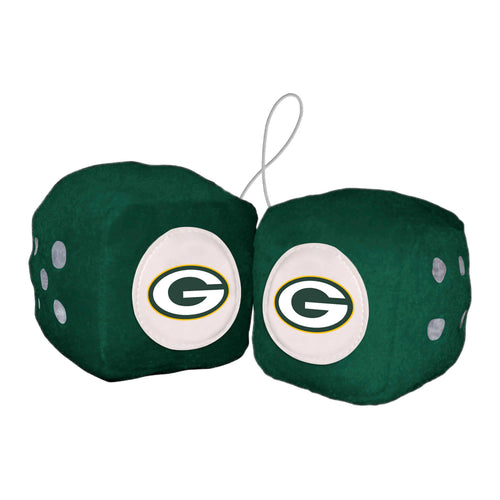 Green Bay Packers fuzzy dice for auto decor, featuring NFL team logo and vibrant green color, by Logo Brands.