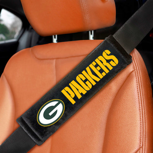 Pair of NFL Green Bay Packers embroidered auto seat belt pads by Logo Brands, featuring team logo and green and yellow colors.