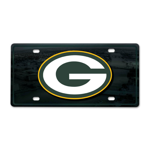 Green Bay Packers flat metal license plate with team logo and green background, perfect for car or wall decor.
