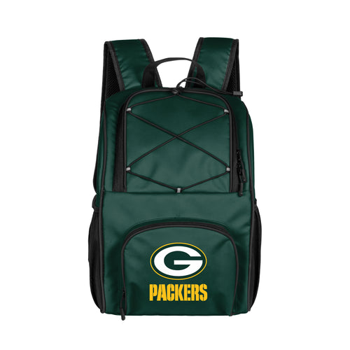 Green Bay Packers 24-can flex backpack cooler by Logo Brands, featuring team logo and adjustable straps for outdoor picnics.