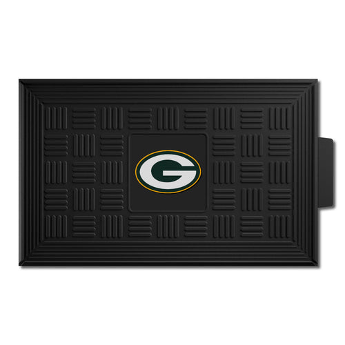 Green Bay Packers medallion door mat featuring NFL logo, green and yellow colors, and durable outdoor mat design by Logo Brands.