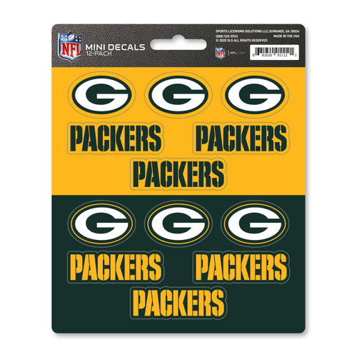 Packers mini decal stickers set featuring 12 green green Bay Packers logo decals by Logo Brands, perfect for fans.
