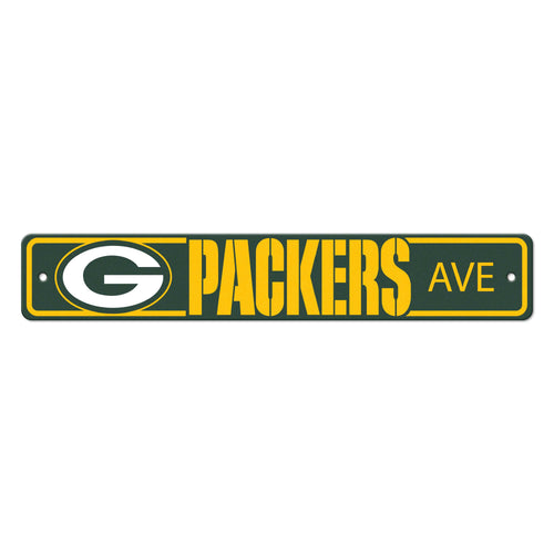 Green Bay Packers NFL street sign for mancave decor, featuring team logo and vibrant green background.