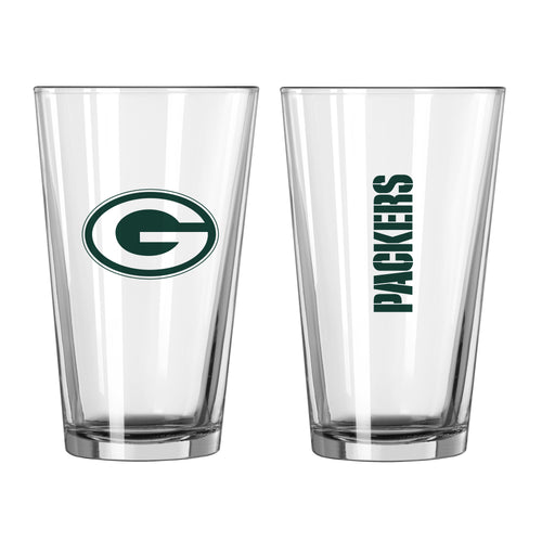 Green Bay Packers 16oz Gameday pint glass with team logo and green color, perfect for football fans and game day drinkware.