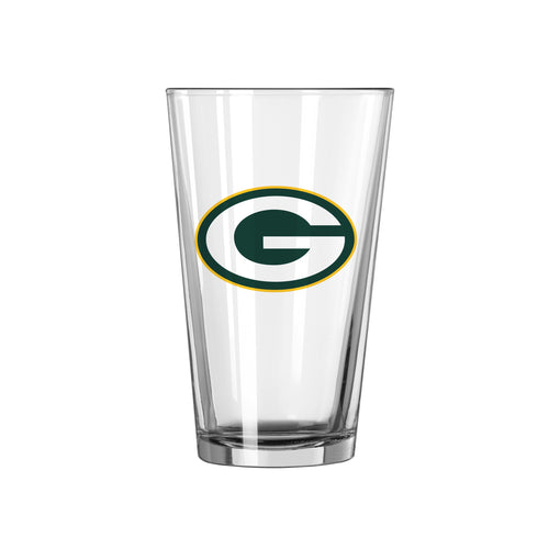 Green Bay Packers 16oz logo pint glass featuring team logo and green color, made by Logo Brands, for fans and collectors.