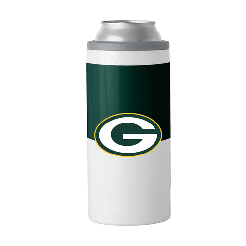 Green Bay Packers 12oz colorblock slim can coolie, Logo Brands drinkware with green and white design, designed to insulate cans.
