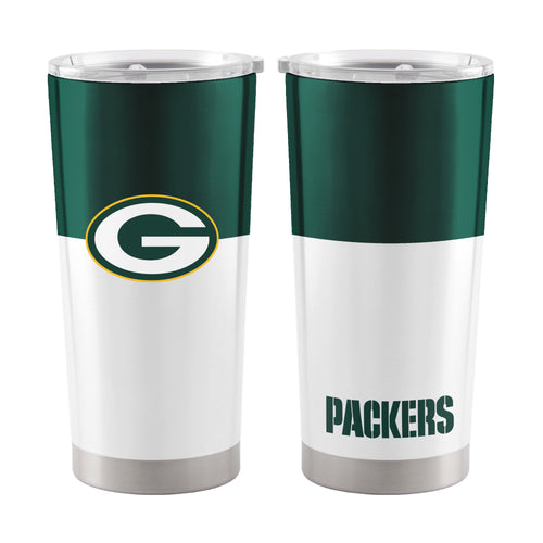 Green Bay Packers 20oz colorblock stainless steel tumbler with team logo, durable drinkware for fans.
