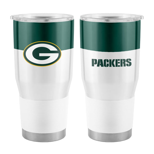 Green Bay Packers 30oz colorblock stainless steel tumbler with team logo and vibrant green and yellow design.