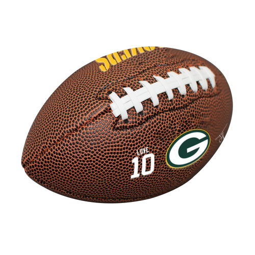 Green Bay Packers mini Jordan Love composite football for recreation, branded by Logo Brands, showing team logo and football details.