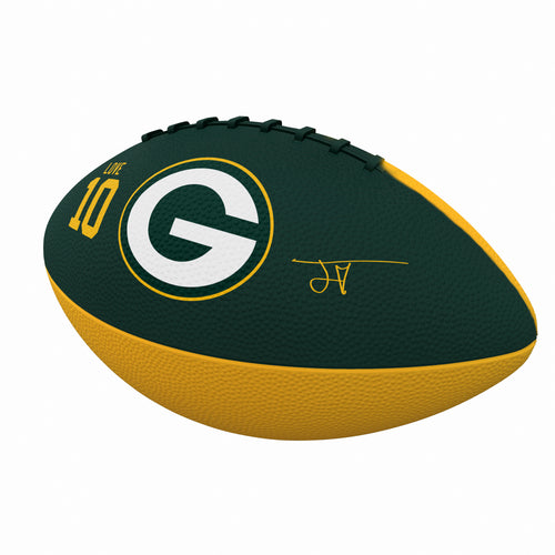 Green Bay Packers Jordan Love mini rubber football for recreation by Logo Brands, featuring team colors and logo.