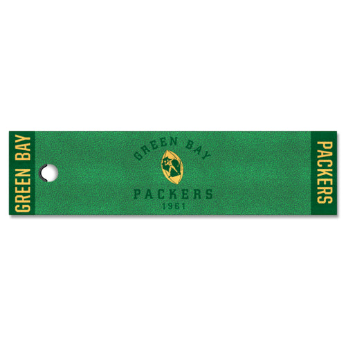 Green Bay Packers putting green mat by Logo Brands featuring the team logo and realistic turf surface for golf practice.