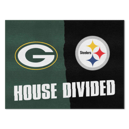 NFL House Divided mat featuring Packers and Steelers logos, displaying a large, durable sports-themed floor mat from Logo Brands.