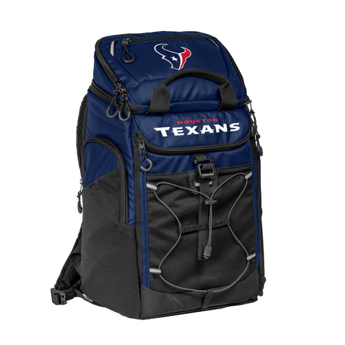 Houston Texans 26-can logo branded backpack cooler with insulated main compartment and adjustable shoulder straps.