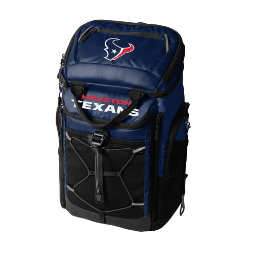 Houston Texans 26-can backpack cooler by Logo Brands, featuring team logo, insulated interior, and adjustable straps for outdoor use.