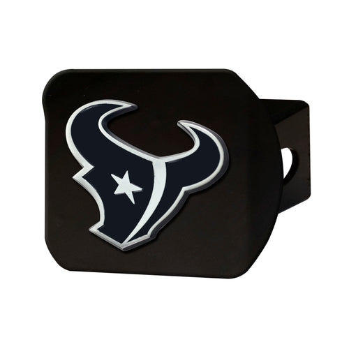 Houston Texans chrome on black NFL hitch cover with team logo for vehicle trailer hitch accessory.