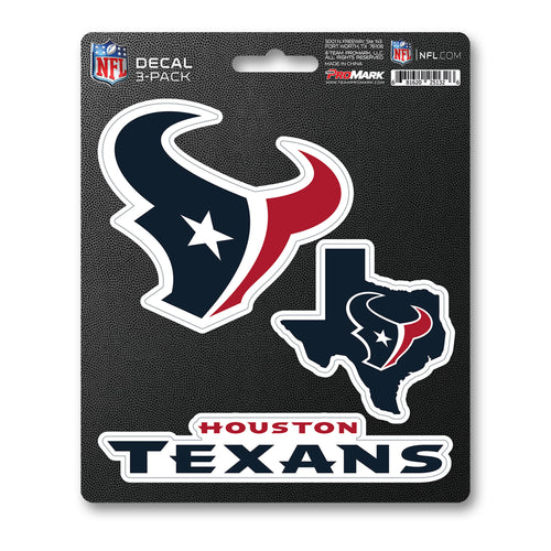 Set of three Houston Texans decal stickers featuring team logo designs, perfect for decorating personal items.