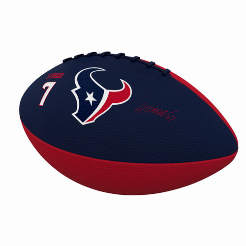 Mini rubber football featuring Houston Texans CJ Stroud, ideal for recreation, by Logo Brands with team logo and player image.
