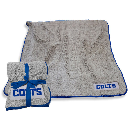 Indianapolis Colts Frosty Fleece blanket by Logo Brands, featuring team logo and blue fleece material for cozy sports fan comfort.