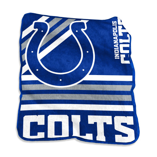 Indianapolis Colts Raschel throw blanket by Logo Brands, soft and cozy NFL team blanket with Colts logo design.