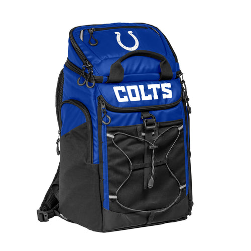 Indianapolis Colts 26-can backpack cooler by Logo Brands, featuring team logo and adjustable straps for outdoor use