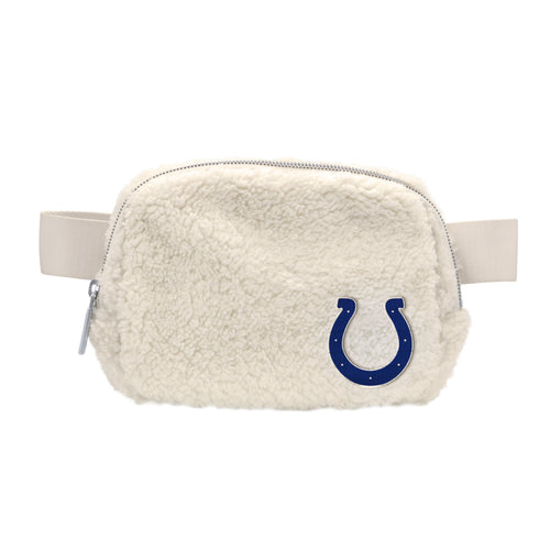 Indianapolis Colts sherpa belt bag with logo branding, featuring a cozy sherpa fabric and adjustable strap for casual wear.