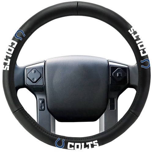 Indianapolis Colts genuine leather steering cover by Logo Brands, fits auto steering wheels with detailed Colts logo design.