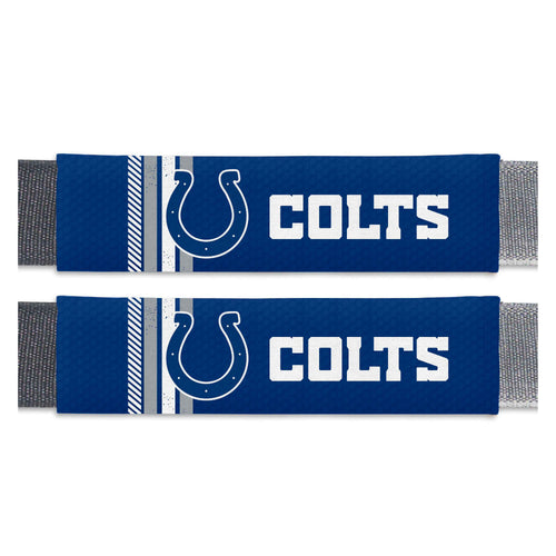 Pair of NFL Indianapolis Colts rally seatbelt pads by Logo Brands, attached to car seat belts for comfort and team spirit.