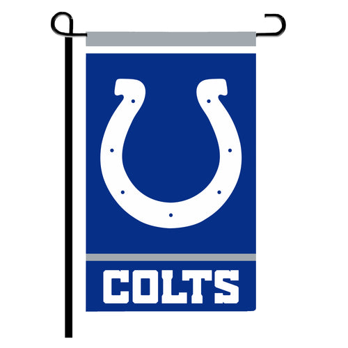 Indianapolis Colts garden flag with team logo, 12x18 inches, made by Logo Brands, featuring blue and white Colts graphics.
