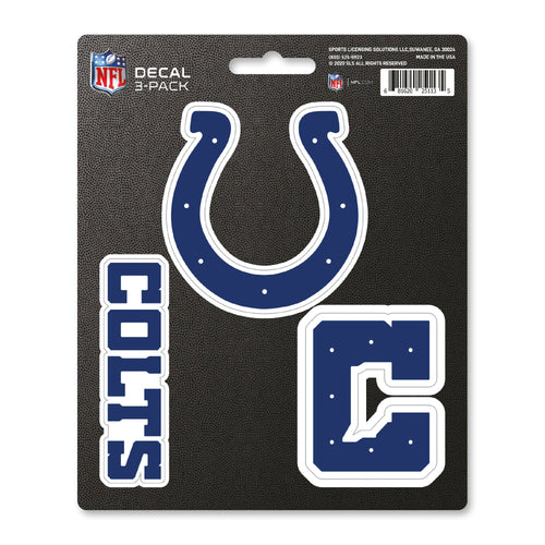 Set of three Indianapolis Colts decals featuring team logos, ideal for decorating cars, laptops, or sports gear.