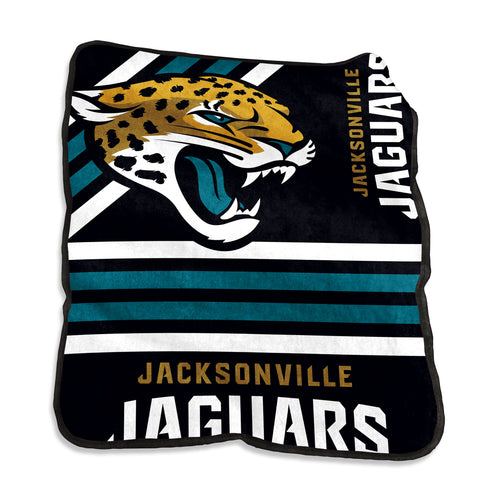 Jacksonville Jaguars Raschel throw blanket by Logo Brands with team logo and vibrant green, black, and gold colors.