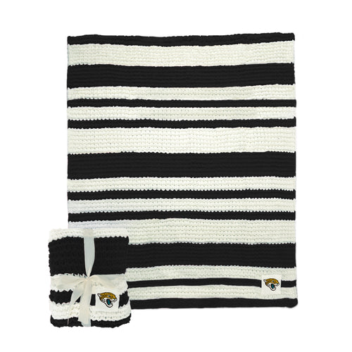 Jacksonville Jaguars cable knit throw blanket in blue and white with team logo, 50x60 inches, by Logo Brands.