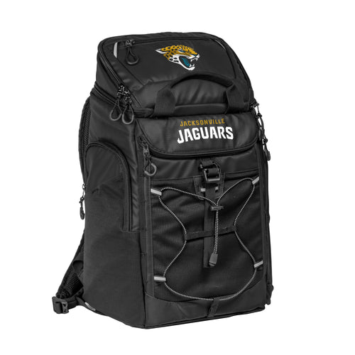 Jacksonville Jaguars 26-can backpack cooler by Logo Brands, featuring team logo and insulated main compartment for beverages.
