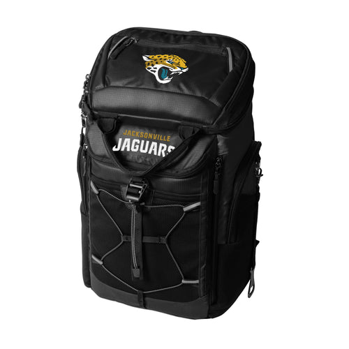 Jacksonville Jaguars 26-can backpack cooler by Logo Brands showing the team logo, insulated main compartment, and adjustable straps.
