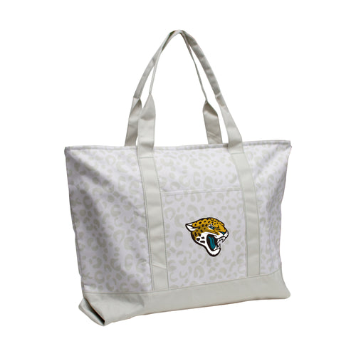 Jacksonville Jaguars leopard pattern tote bag by Logo Brands, featuring a spacious design with team logo and bold animal print.