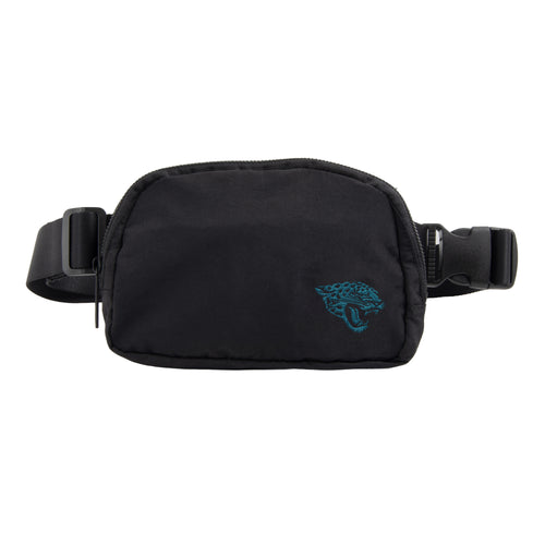 Jacksonville Jaguars belt bag by Logo Brands, black and green sporty bag with team logo and adjustable strap.