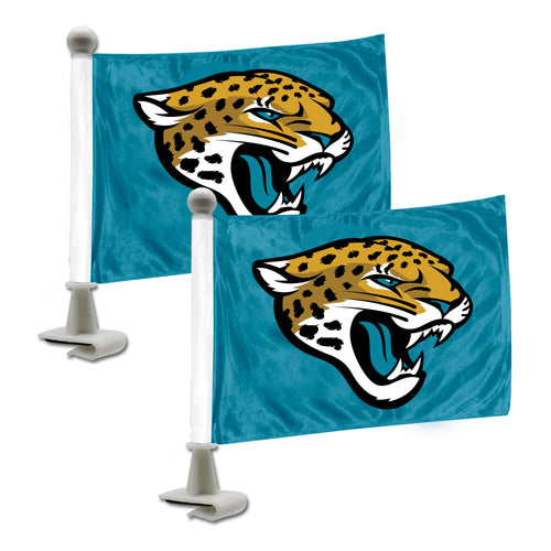 Jacksonville Jaguars ambassador auto flag by Logo Brands, featuring team logo and colors, displayed on a vehicle window.