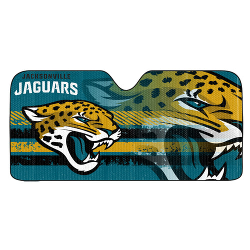 Jacksonville Jaguars NFL auto shade by Logo Brands, featuring team logo and colors to block sunlight in vehicle windows.