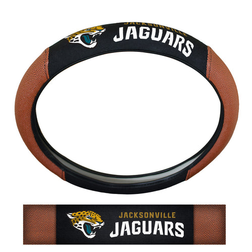 Jacksonville Jaguars sports grip steering wheel cover by Logo Brands, featuring team logo and textured surface for better grip.