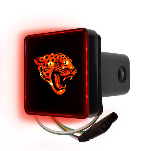 Jacksonville Jaguars lighted hitch cover by Logo Brands featuring team logo and illuminated design for vehicle accessories.