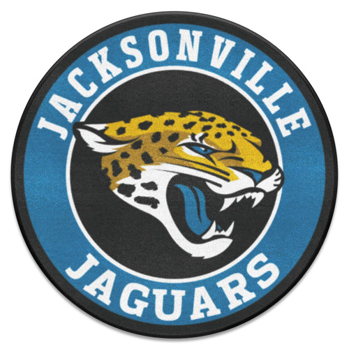 Jacksonville Jaguars roundel mat with team logo, NFL logo, and vibrant colors, perfect for sports fan decor.