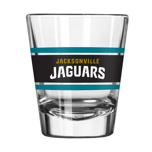 Jacksonville Jaguars 2oz stripe shot glass, branded drinkware with team logo and colorful stripe design.