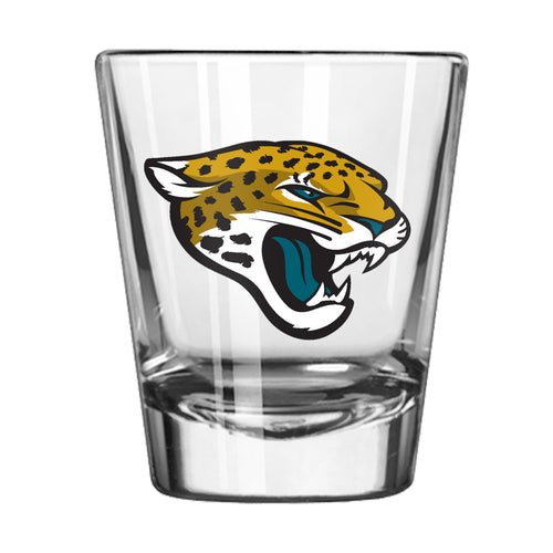 Jacksonville Jaguars 2oz letterman shot glass featuring team logo, made by Logo Brands, perfect for sports fans.