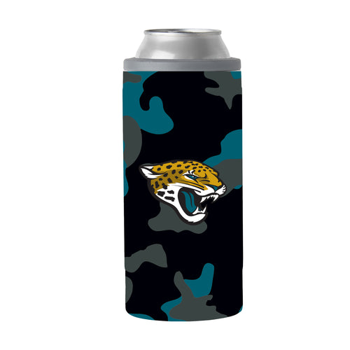 Jacksonville Jaguars camo Swagger 12oz slim can cooler, Logo Brands drinkware with team logo and camouflage design.
