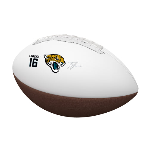Jacksonville Jaguars mini football with Trevor Lawrence autograph, recreation football by Logo Brands, featuring team and player details.
