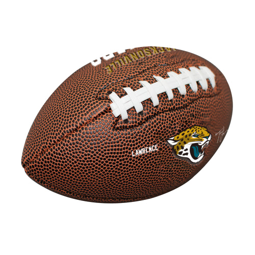 Mini Jacksonville Jaguars Trevor Lawrence composite football by Logo Brands, featuring player and team graphics for recreation.