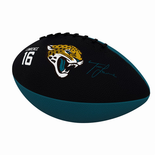 Mini rubber football featuring Jacksonville Jaguars Trevor Lawrence logo, perfect for recreation and fan collectibles.