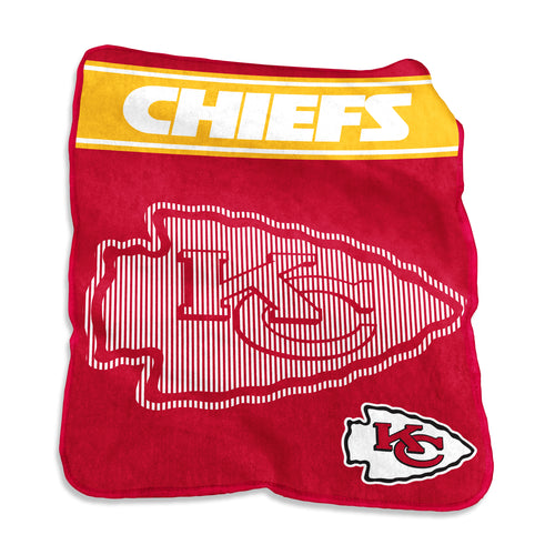 Kansas City Chiefs 60x80 Raschel throw blanket by Logo Brands featuring team logo and vibrant red and gold colors.