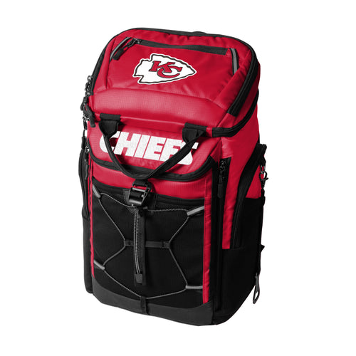 Kansas City Chiefs 26-can backpack cooler by Logo Brands, featuring team logo and insulated main compartment for beverages.